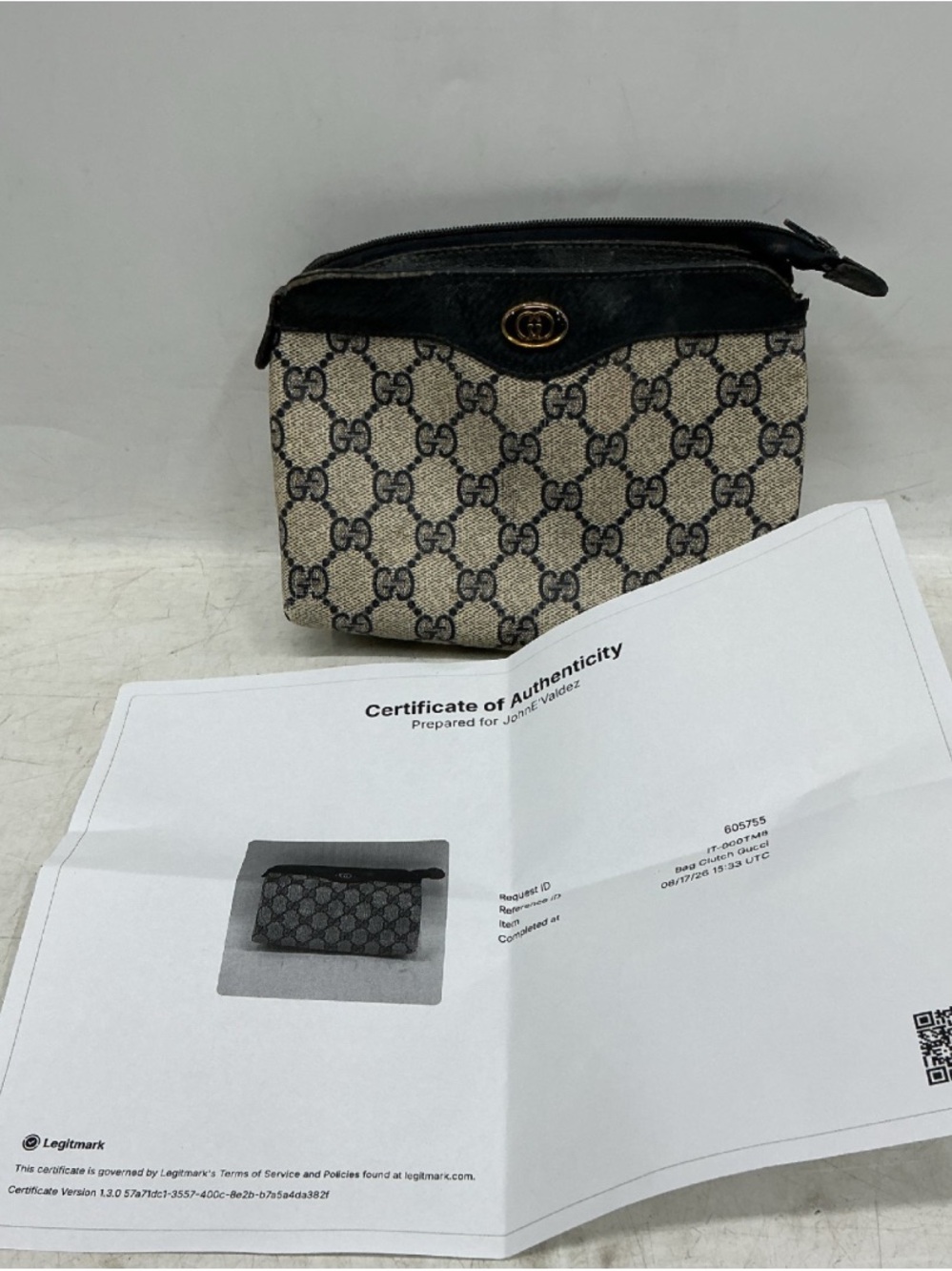 Gucci Beige GG Canvas and Black Leather Men's Pouch